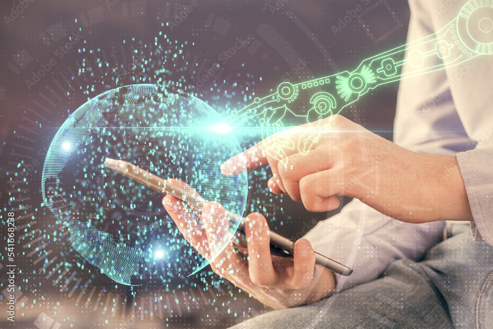 Aufkleber multi exposure of man's hand holding and using a digital device and data theme drawing. innovation c