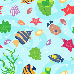 seamless pattern with cute fish, starfish and seaweed on a blue background - vector illustration, eps
