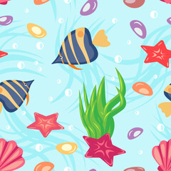 Fototapeta na wymiar seamless pattern with cute fish, starfish and seaweed on a blue background - vector illustration, eps
