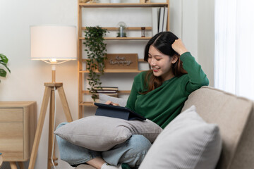 Obraz premium Photo of optimistic nice girl work on laptop from home wear green shirt.