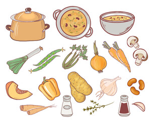 Vegetarian soup reciper sticker set. Set of food stickers of ingredients for cooking vegetable soup, saucepan, bowl of soup, vegetables, herbs, beans, spices. Hand drawn, vetcor, stickers for print 