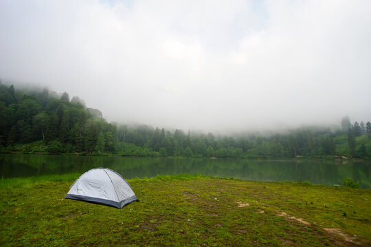 Tent on the edge of karag&ouml;l in Borcka district of Artvin province, camping on the lake, foggy karag&ouml;l, camping morning in karag&ouml;l