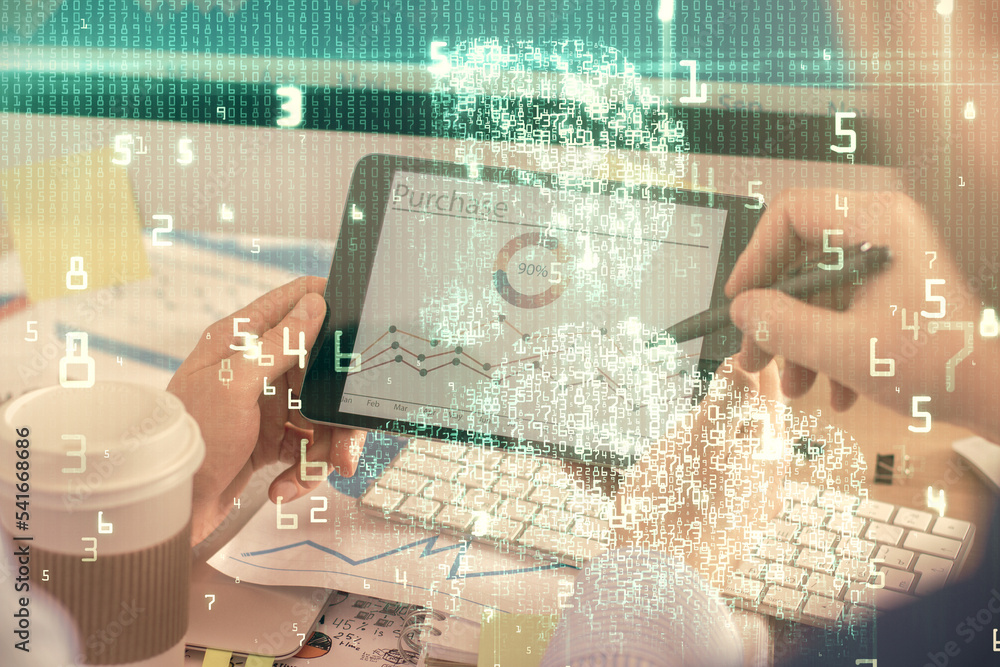 Poster Multi exposure of man's hands holding and using a digital device and data theme drawing. Innovation concept.