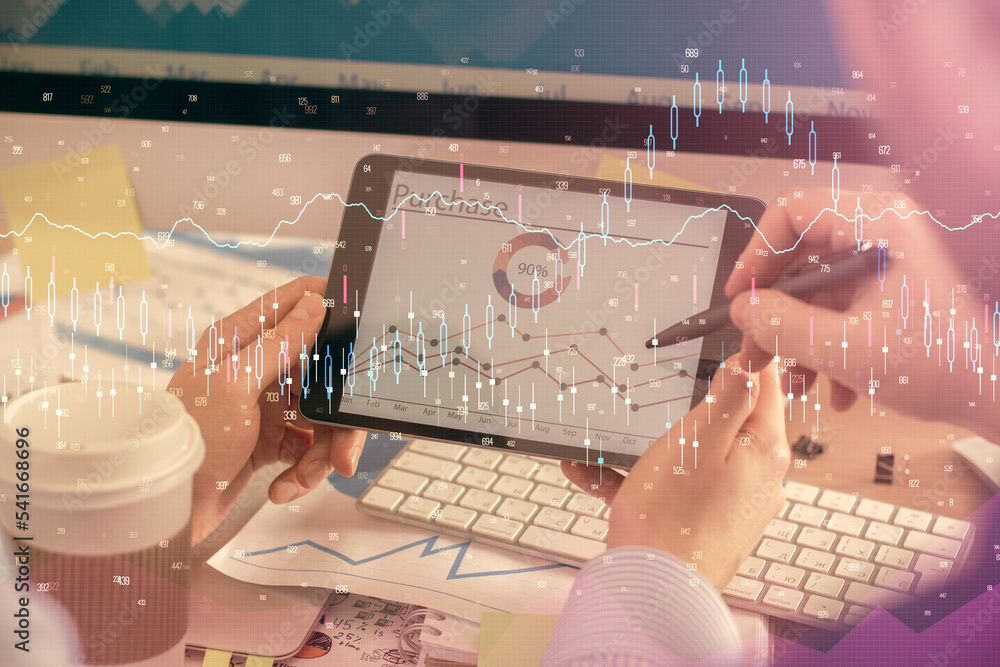 Poster double exposure of man's hands holding and using a phone and financial chart drawing. market analysi