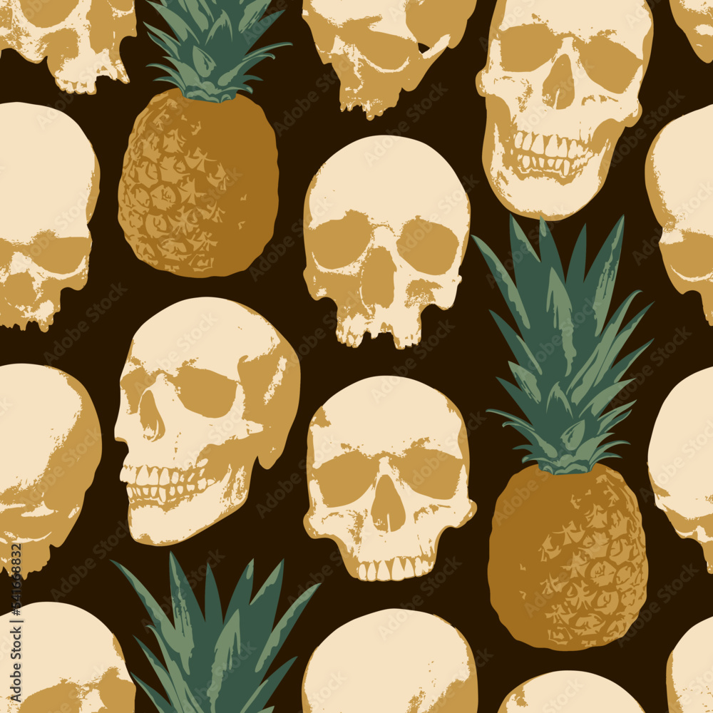Poster seamless pattern with human skulls and pineapples . vector background with sinister smiling skulls i