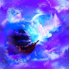 ヨーロッパのファンタジーの様なお城のシルエットと月明かりの輝く夜空に漂う海賊船のスクエアサイズシームレスパターンイラスト	