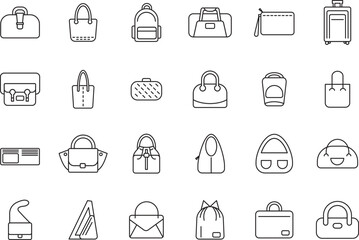 Different bags of various shapes, icon set. linear icons. Line with editable stroke
