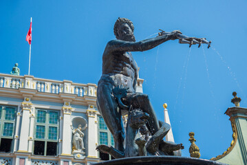 Statue of Neptune fountain in old town of Gdansk, Poland