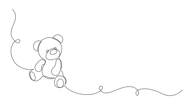One continuous line drawing of Teddy bear. Soft toy symbol of friendships childrens in simple linear style. Concept for birthday gift and greeting card in editable stroke. Doodle vector illustration