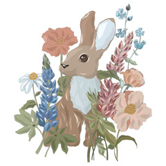 
Vector illustration. Rabbit in the meadow among the flowers. Cute Bunny drawing sits on a background with flowers. Print for children's textiles, poster design, calendar, nursery. 