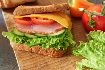 A yummy sandwich. The concept is food preparation.