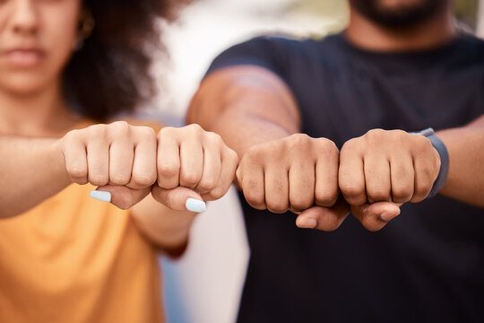 Power, Fist And Protest Against Racism, Solidarity And Support Equality For Youth To Stand Together. Black Man, African American Woman And Students With Hands For Justice, Diversity And Social Change