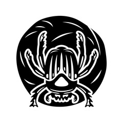 Dung beetle scarab rolls a ball of dung icon on white background.