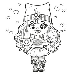 Cute cartoon girl with chocolate chip cookies and a cup in hands coloring page on a white background
