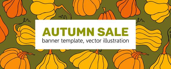 Autumn design template, hand drawn pumpkins, flat vector illustration