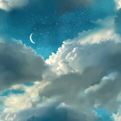 Obraz na płótnie Canvas ふわふわ浮かぶ白い雲と三日月が浮かぶ夜空のシームレスパターンスクエア型イラスト 