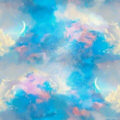Fototapeta na wymiar ふわふわ浮かぶ白い雲と三日月が浮かぶ夜空のシームレスパターンスクエア型イラスト 