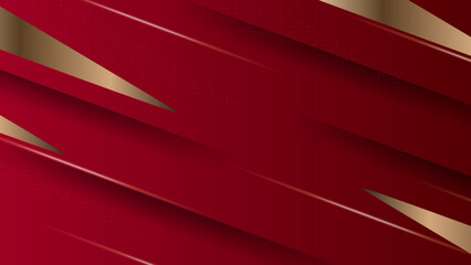Abstract red and gold background with geometric line, halftone, and 3D curve wave