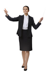 Happy young conductor with baton on white background