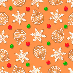 Seamless pattern with ginger cookies on a brown background. Gingerbread New Year's ball, snowflake