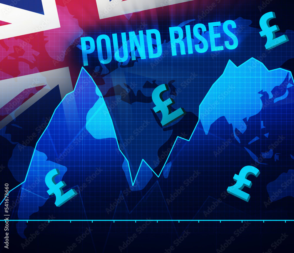 Poster pound currency rises concept background with currency graph going up and waving flag in the backdrop