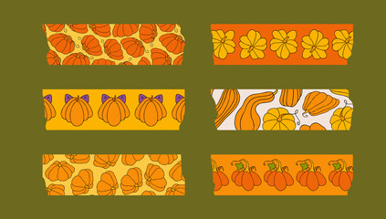 Autumn design template, hand drawn pumpkins, flat vector illustration