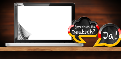 German language lesson. 3D illustration of two speech bubbles with German flag and question, Sprechen Sie Deutsch? and Ja! (Do you speak German? and Yes!). Modern laptop computer with blank screen.