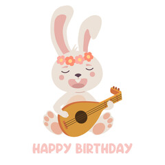 Cute card with a bunny playing a musical instrument. Vector illustration.