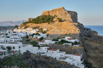 Evening light at Lindos and Lindos Acroplis, Rhodes, Dodecanese, Greece,