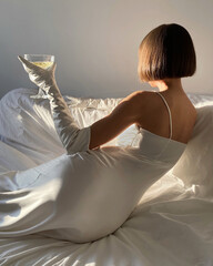 Mobile photo of a young woman with a glass of champagne - 541675210