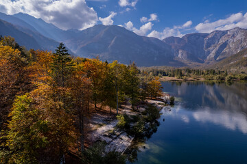 Naklejka na ściany i meble Autumn on Lake Bohinj, Slovenia drone photo