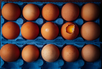 egg carton filled with one of the broken eggs, the yolk is visible