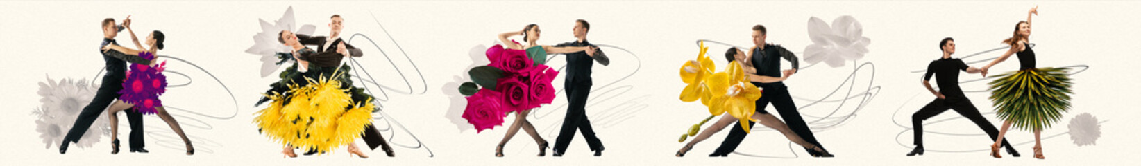 Collage with beautiful couples of ballroom dance dancers in creative floral outfits dancing over light background. Concept of art, music, fashion. - obrazy, fototapety, plakaty