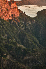 Fototapeta premium Panoramic views from the Roque de los Muchachos of the Caldera de Taburiente National Park, the Cumbre Vieja Natural Park, Tenerife, La Gomera and El Hierro on the island of La Palma. Canary Islands. 