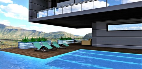 An amazing recreation area on the roof of an elite club hotel with a swimming pool, comfortable furniture and a gorgeous view of the mountain landscape. 3d rendering.