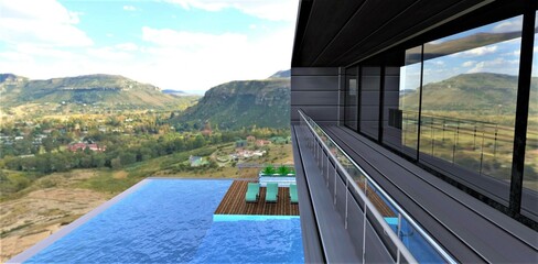 Balcony of an exclusive luxury hotel with mountain views. Downstairs terrace with pool. Comfortable celadon sun loungers on a wooden deck. 3d rendering.