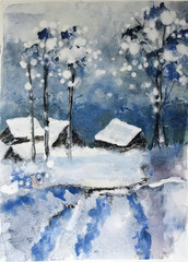 Bosque con nieve, camino y árboles nevados, cabañas con tejados cubiertos de nieve, pintado a mano en acuarela, casa
