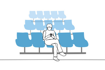 one single man sitting in the waiting room staring at the phone screen with his foot on the leg - one line drawing vector. concept of a late passenger, a delayed flight, a late unpopular flight
