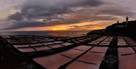 Sunset over the salt flats of Fuencaliente on the island of La Palma. Canary Islands. Spain