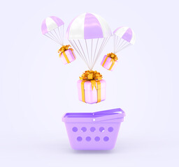 3D Shopping basket and flying parachutes with purple gift boxes. Concept of fast delivery from online shop holiday present with golden ribbons and bows, free order shipping service