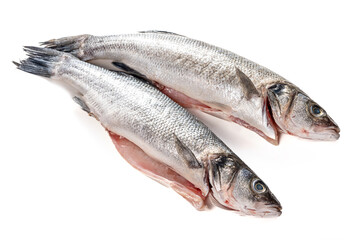 Sea bass fish. Two peeled raw sea bass on a white background