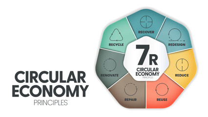 7R circular economy principles concept for economic sustainability of production and consumption has 7 steps to analyze such as reduce, recycle, recover, repair, redesign, reuse and renovate. Vector.