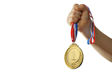 woman hand raised, holding gold medal on isolated free PNG background award and victory concept