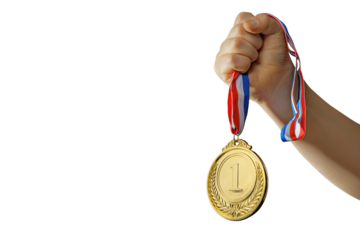 woman hand raised, holding gold medal on isolated free PNG background award and victory concept