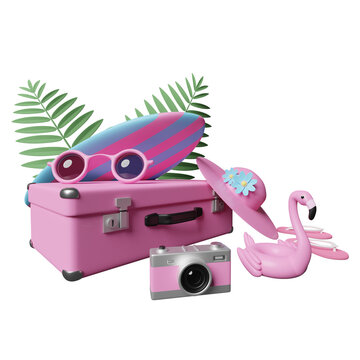 summer travel with pink suitcase, sunglasses, surfboard, Inflatable flamingo, palm, sandals, hat, camera isolated. concept 3d illustration, 3d render