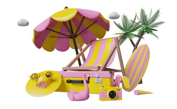 summer travel with yellow pink suitcase, beach chair, sunglasses, camera, umbrella, Inflatable flamingo, sandals, hat, palm, camera isolated. concept 3d illustration or 3d render