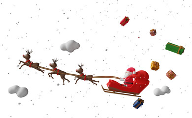 Santa Claus rides reindeer sleigh with house, gift box, snow, christmas tree isolated. website or poster or Happiness cards, banner and festive New Year, 3d illustration, 3d render