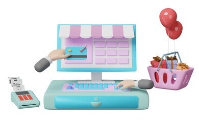 cash register machine with pos terminal, electronic bill payment, invoice or paper check receipt, businessman hand, shopping basket, gift box isolated. 3d illustration or 3d render