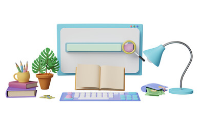 computer monitor with blank search bar, magnifying glass, book, lamp, coffee cup, pencil isolated. web search engine or web browsing concept,3d illustration or 3d render