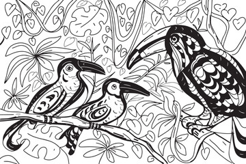 Toucans birds coloring book for kids jungle antistress liana leaves hand drawn wildlife